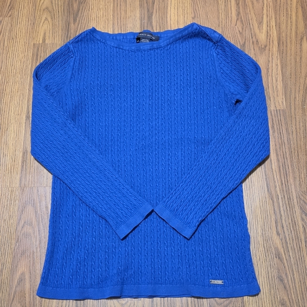 Tommy Hilfiger Youth Girls Blue Cable Knit Boatneck Sweater Large E28